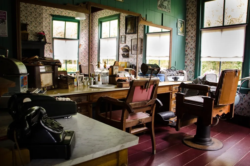 Interior de la barbería con sillones de época